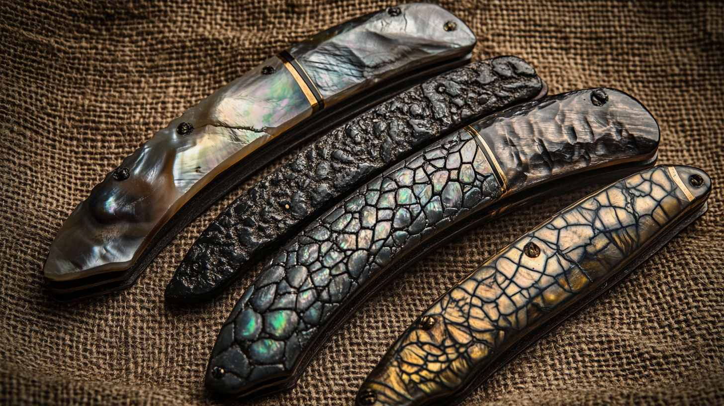 Various old pocket knives from different manufacturers showing distinctive patterns and styles