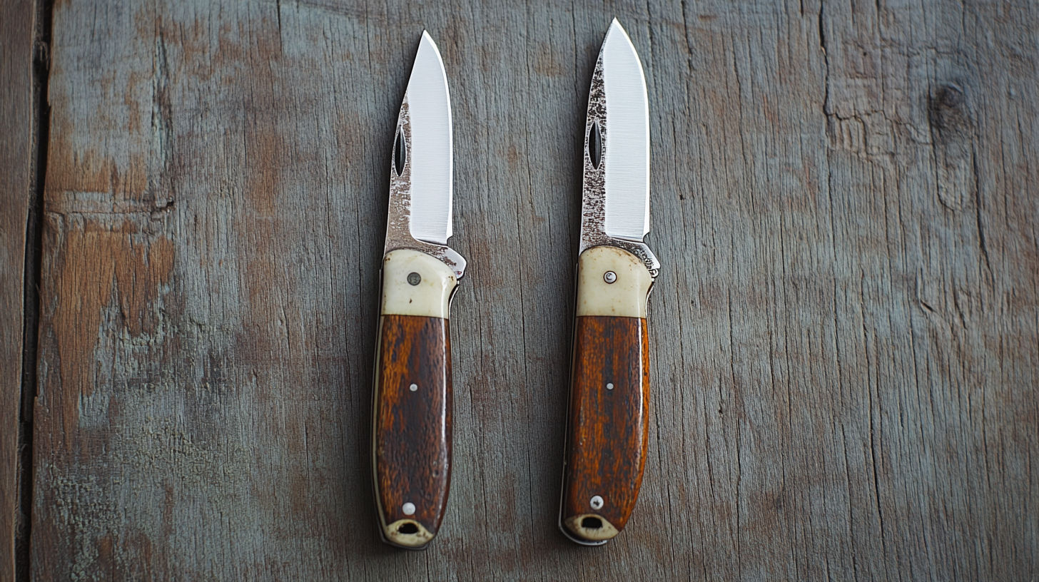 Different vintage pocket knives displaying various conditions from mint to well-used