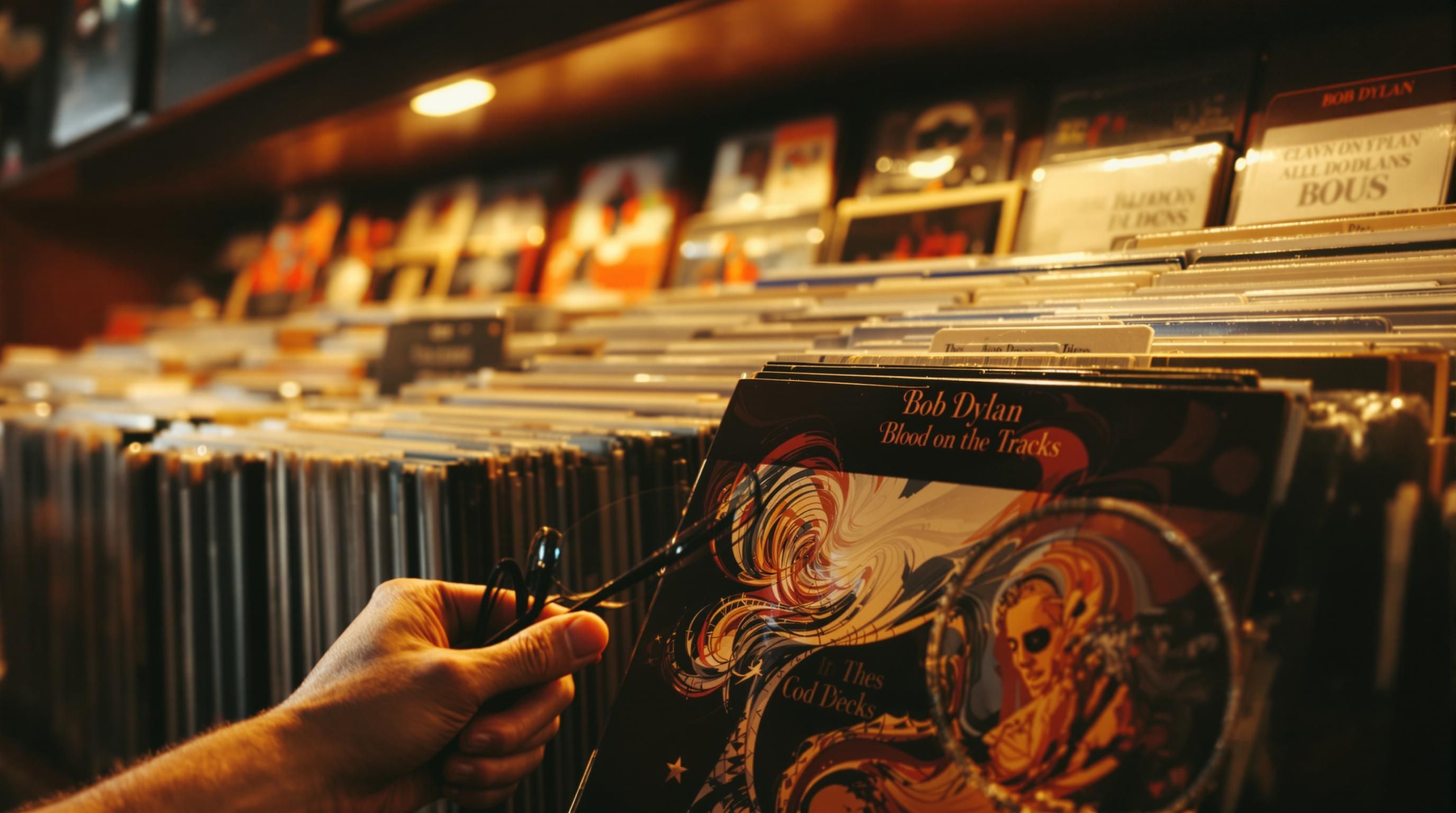 Vintage vinyl record collection with price tags showing market values for collector's items