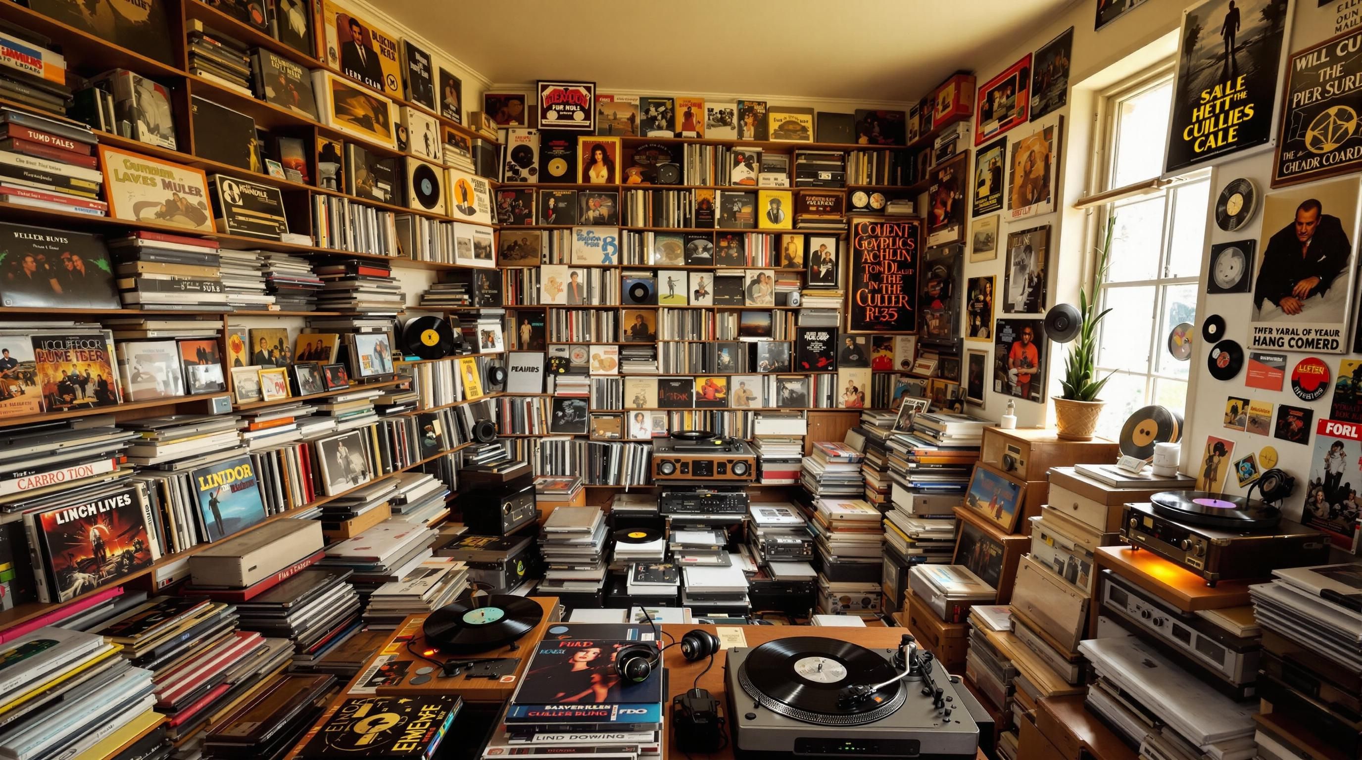 Person using online database to research vinyl record value on computer