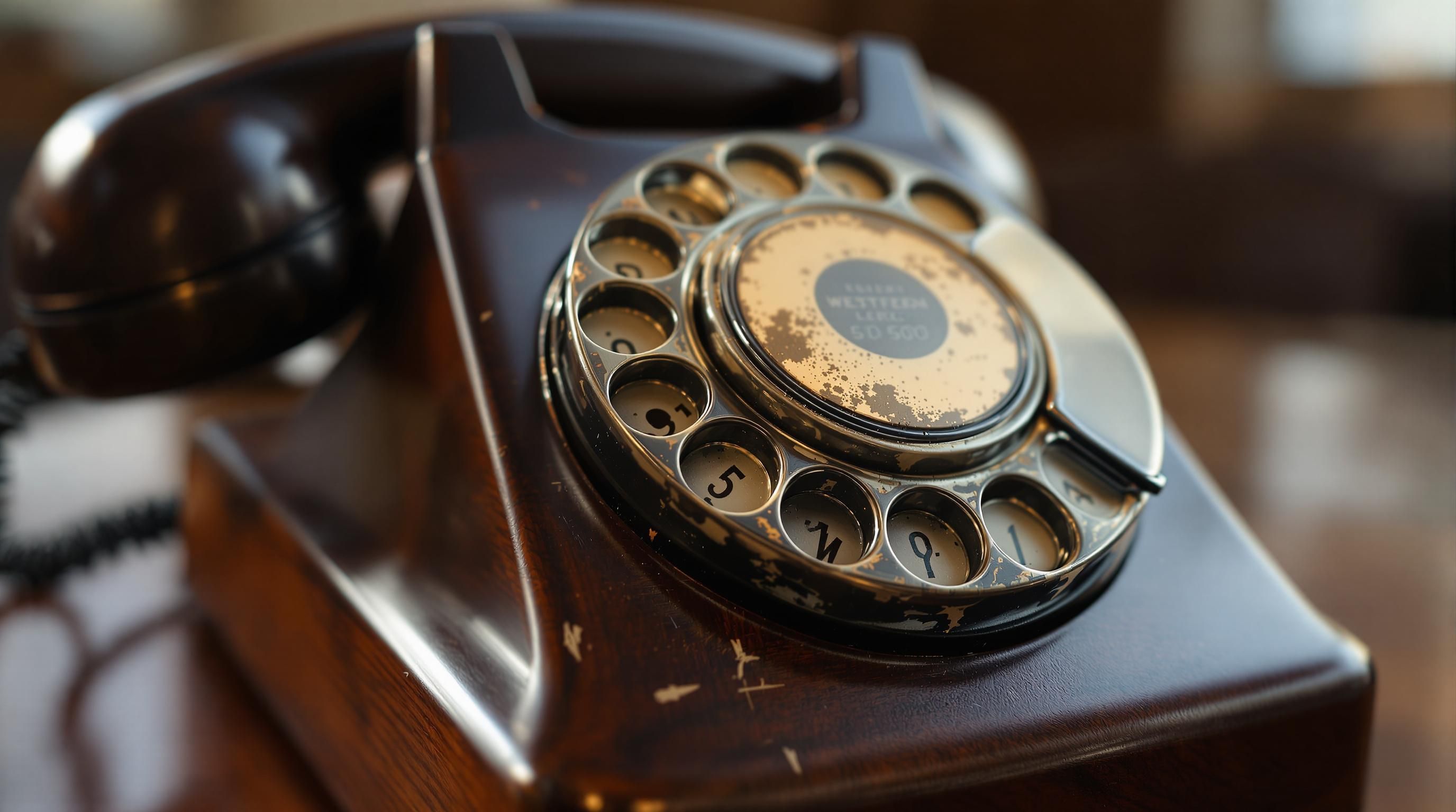 Collectible black vintage rotary telephone from mid-century with dial mechanism