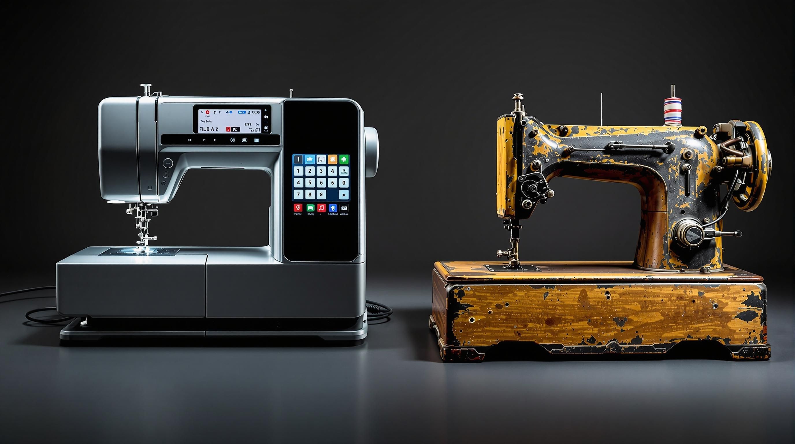 Vintage sewing machine with detailed decal and mechanical parts closeup
