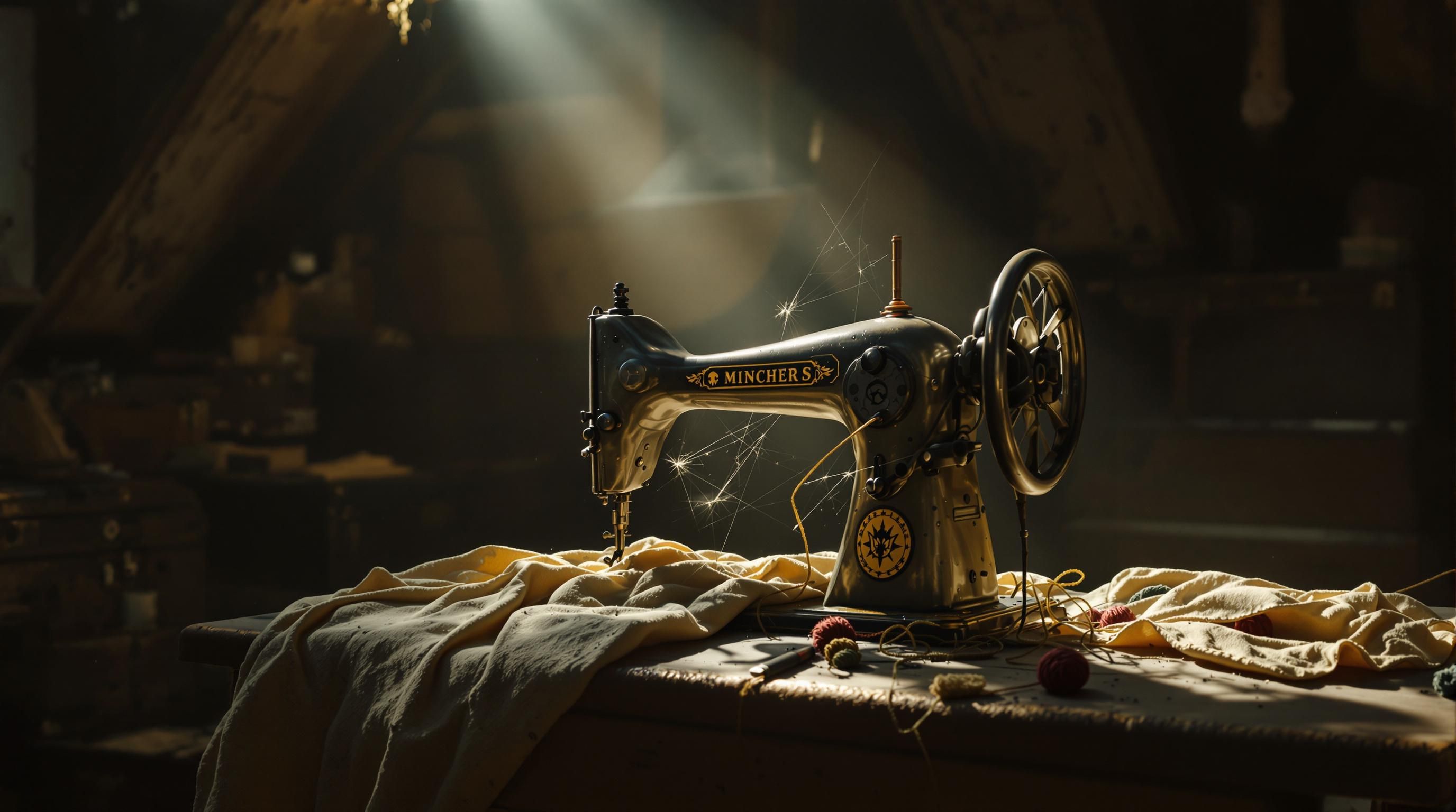 Ornate treadle sewing machine with wooden cabinet and detailed ironwork