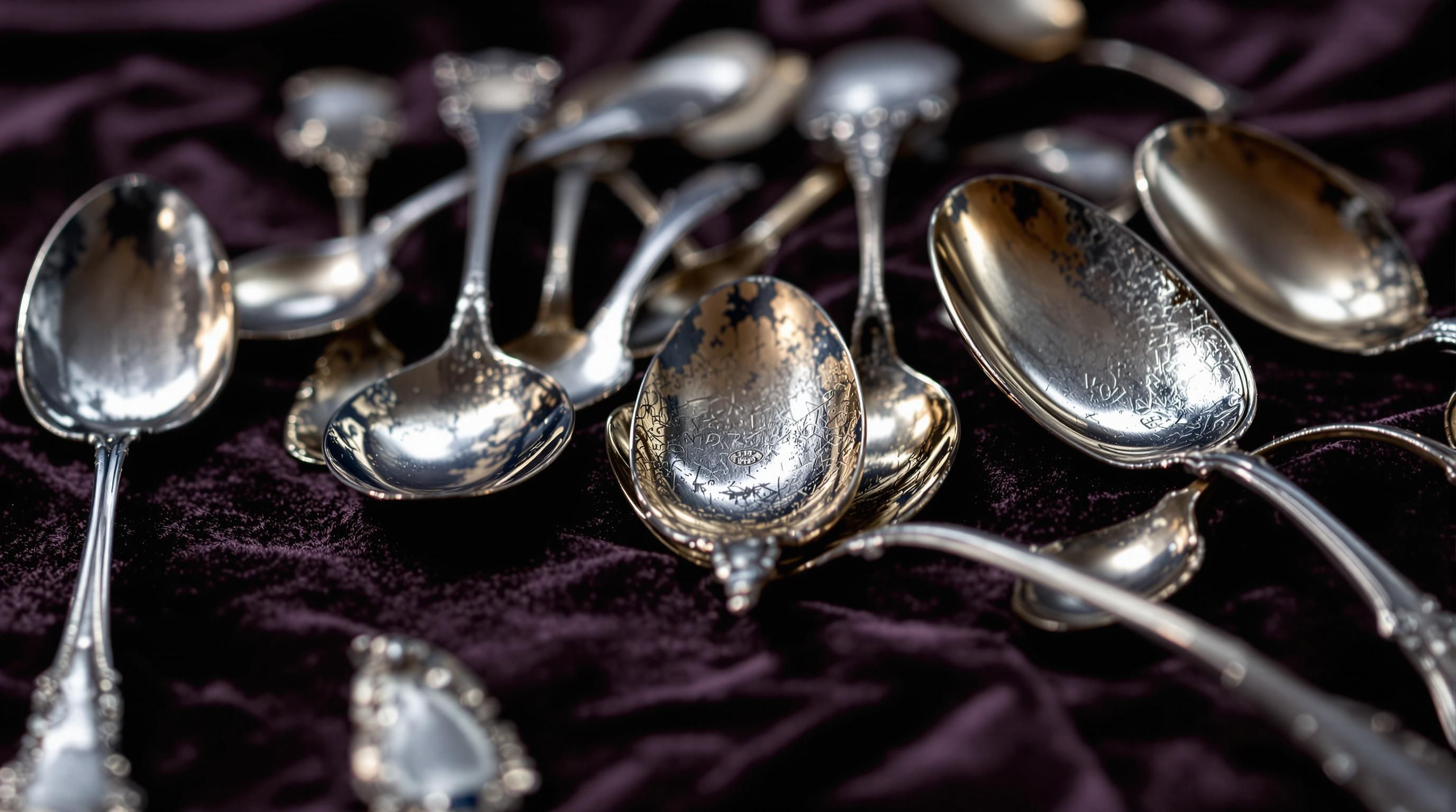 Assortment of valuable antique silver spoons displaying various patterns, hallmarks, and maker's marks from different periods