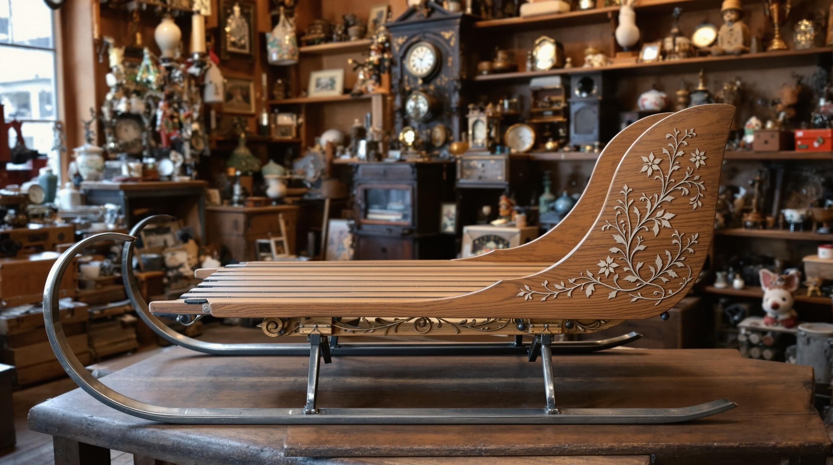 Vintage wooden sled with metal runners displayed against snowy background