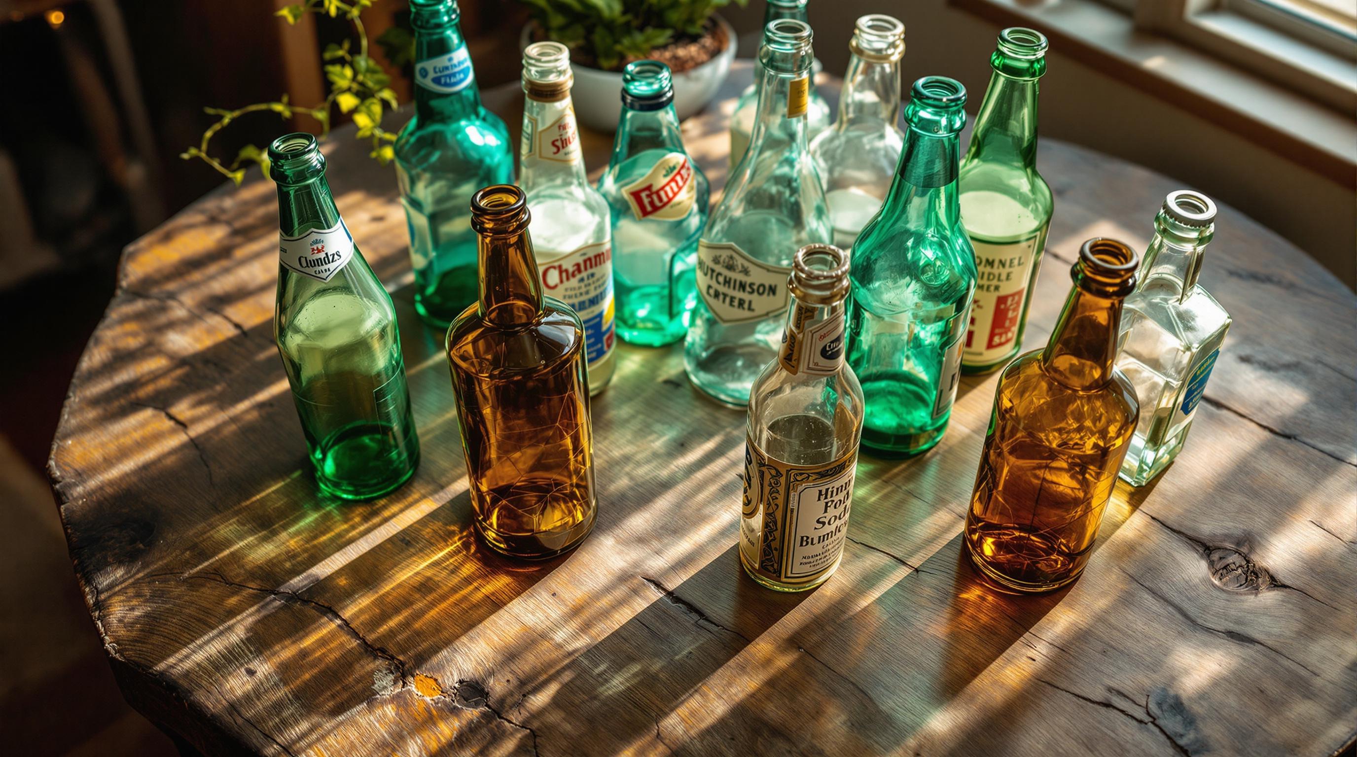 Vintage soda bottle collection featuring rare Coca-Cola bottles and colorful antique glass soda containers