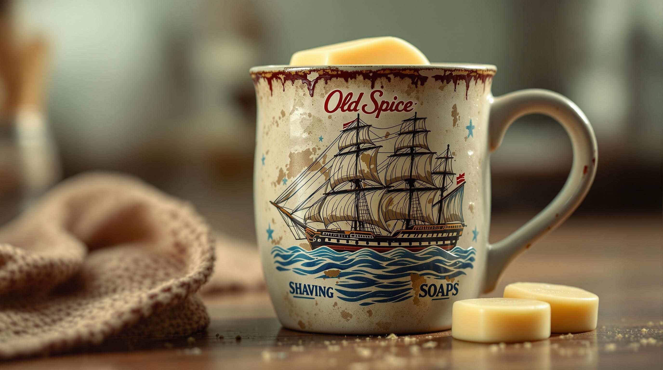 Authentic vintage Old Spice shaving mug featuring the Grand Turk ship design with original packaging