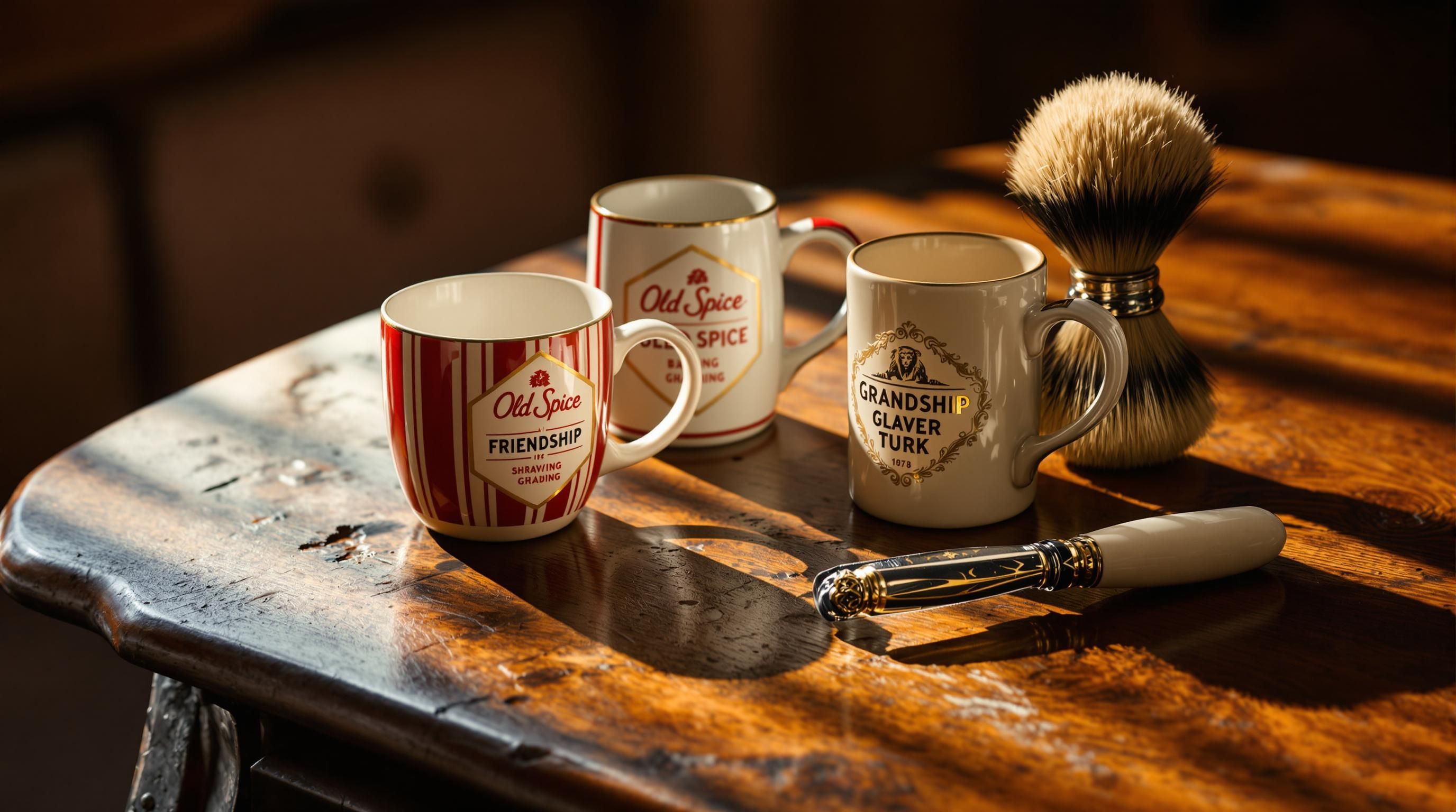 Old Spice shaving mug from different historical periods showing design evolution
