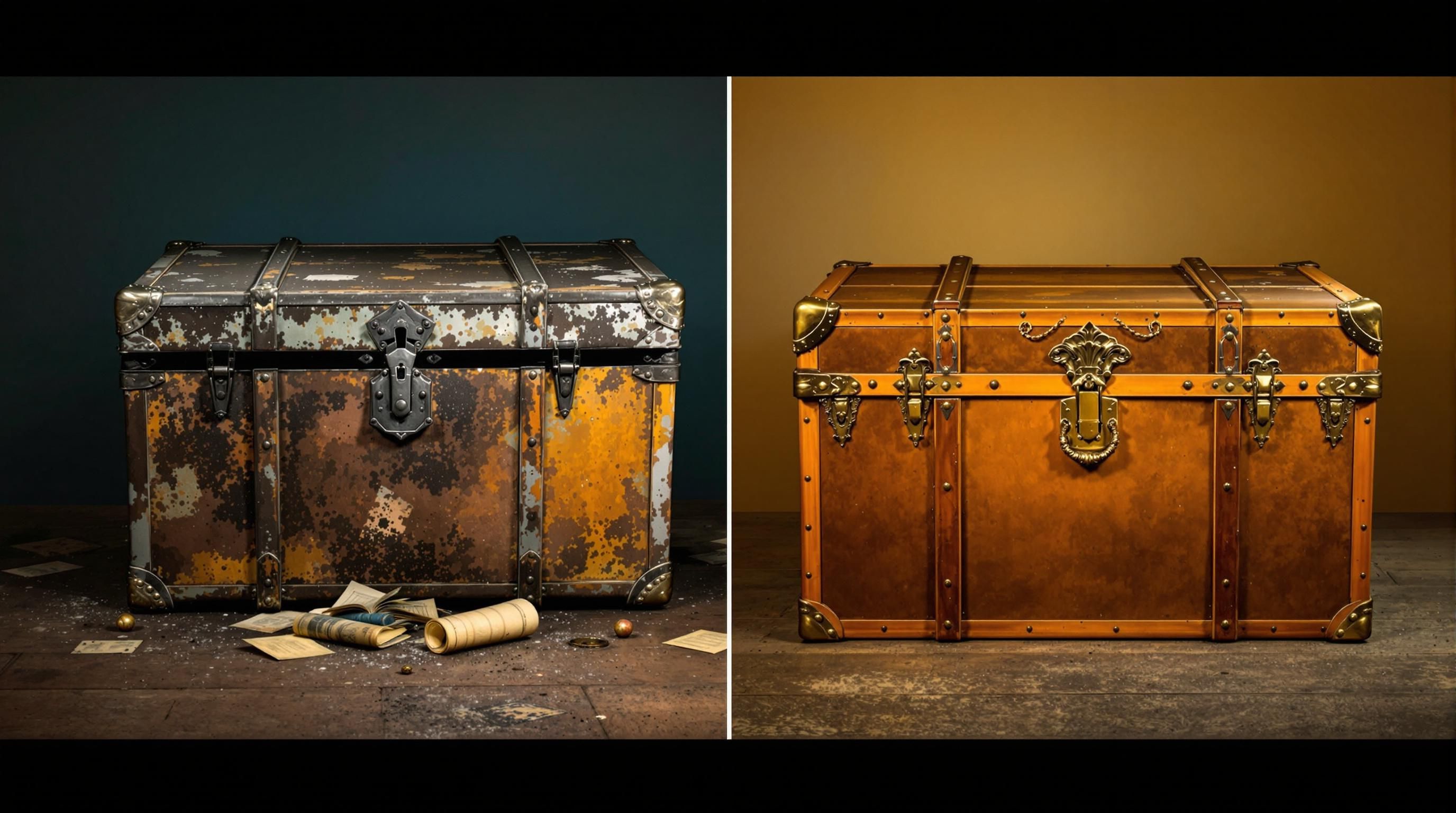 Antique steamer trunk repurposed as decorative furniture piece