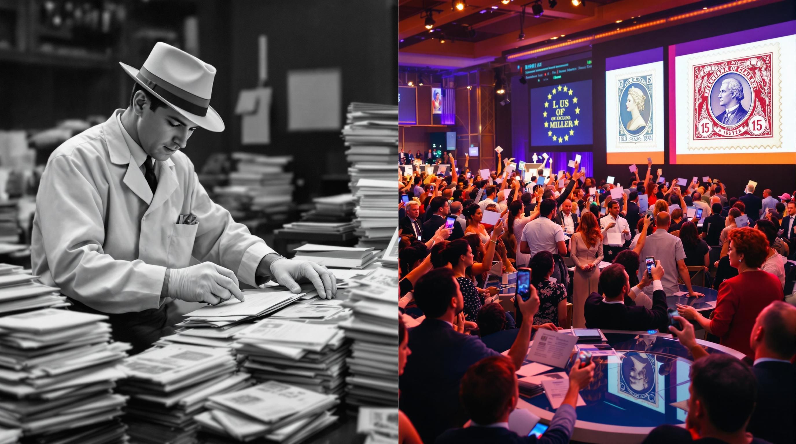 A valuable stamp collection being appraised by a professional philatelist using special tools