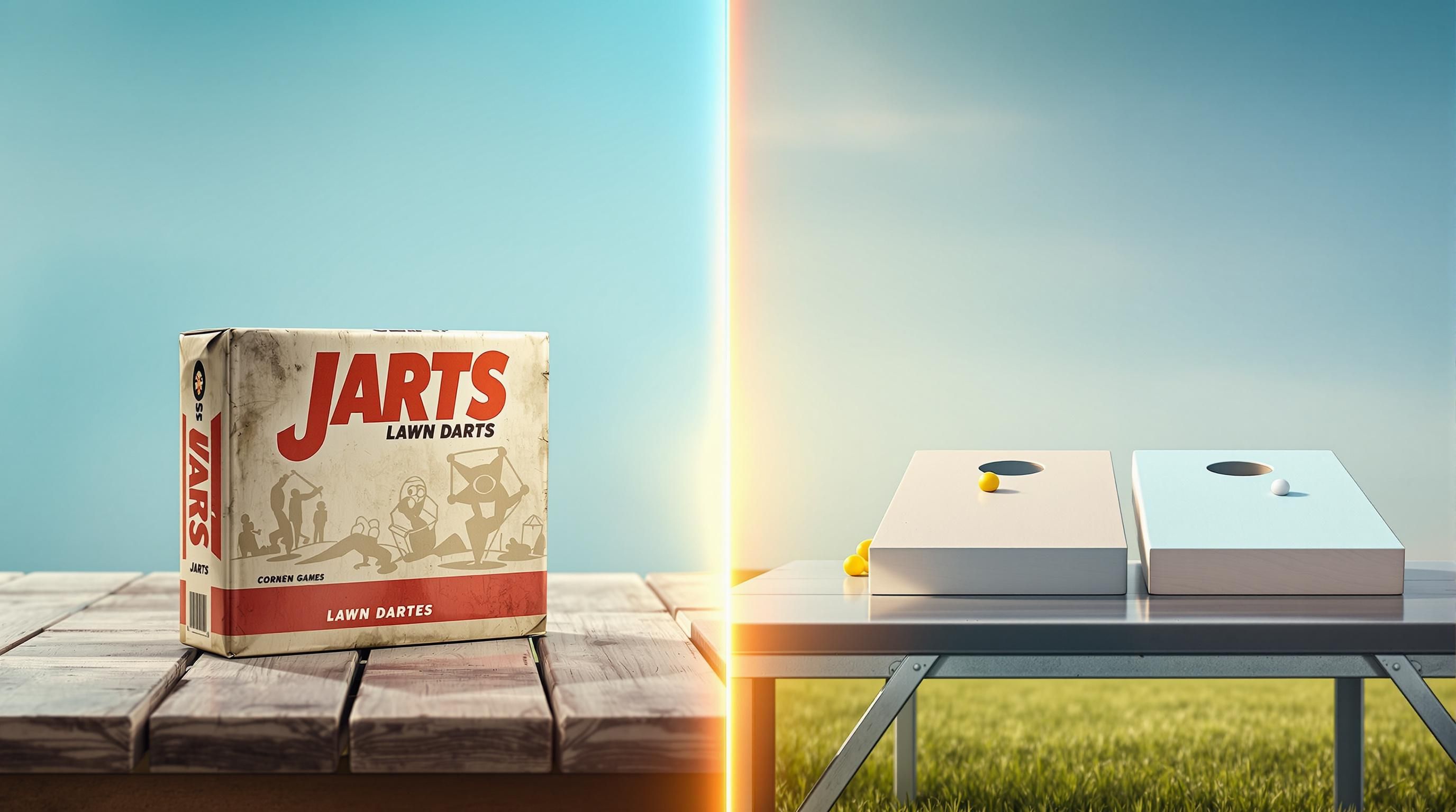 Pair of vintage Jarts lawn dart sets showing different color variations