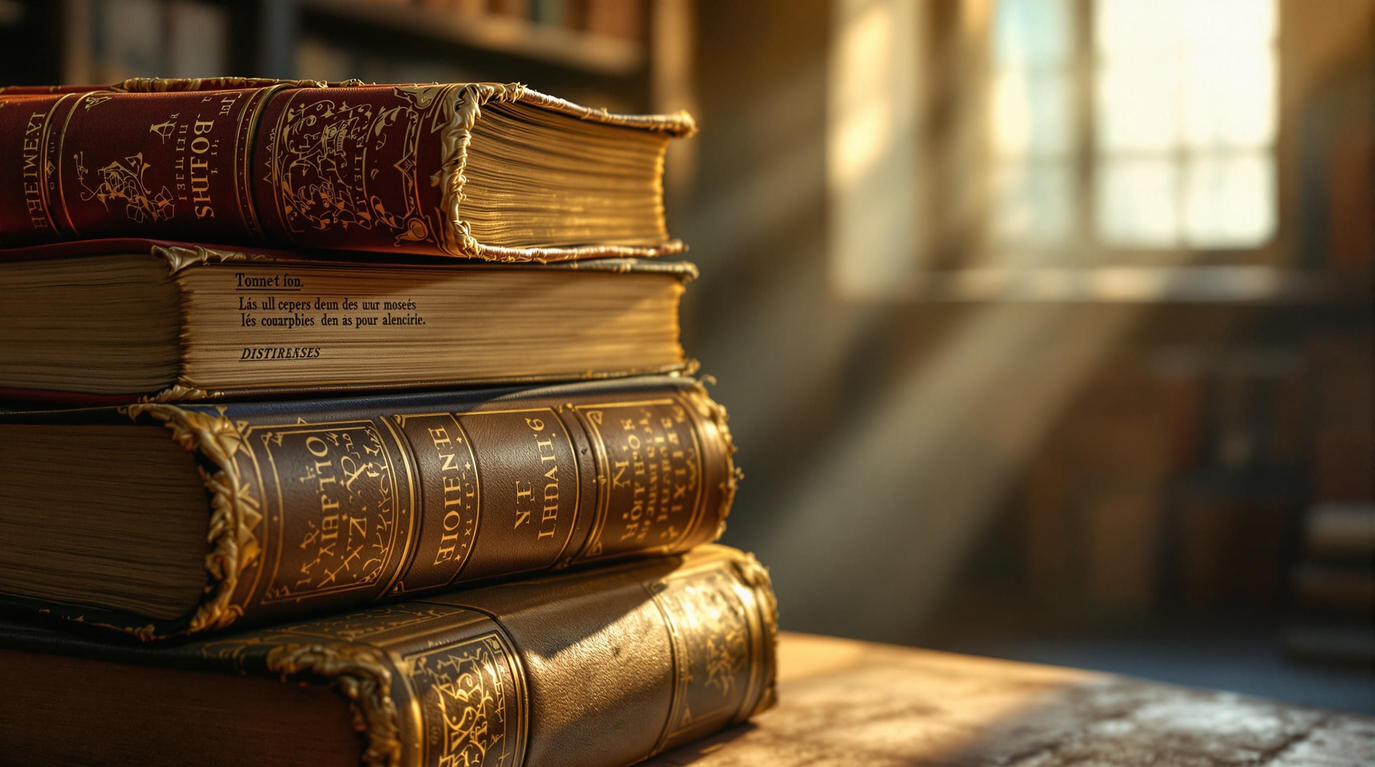 Collection of valuable antique books with leather bindings and gold lettering displayed on wooden bookshelves