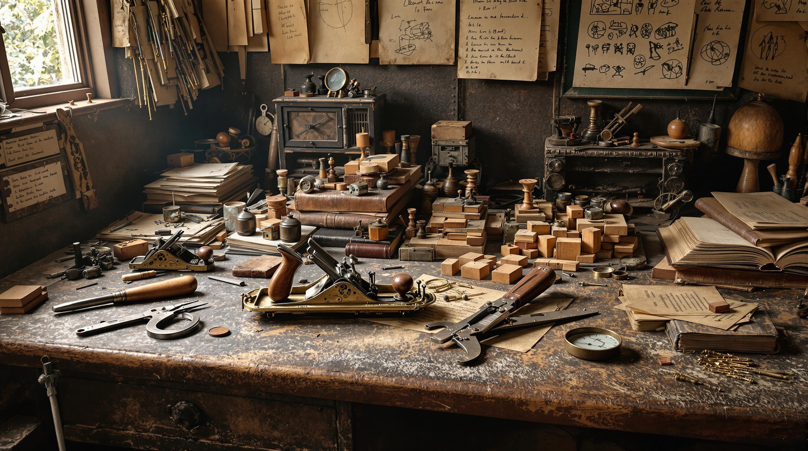 Unusual antique planing tool with curved blade and wooden handle displayed on workshop table