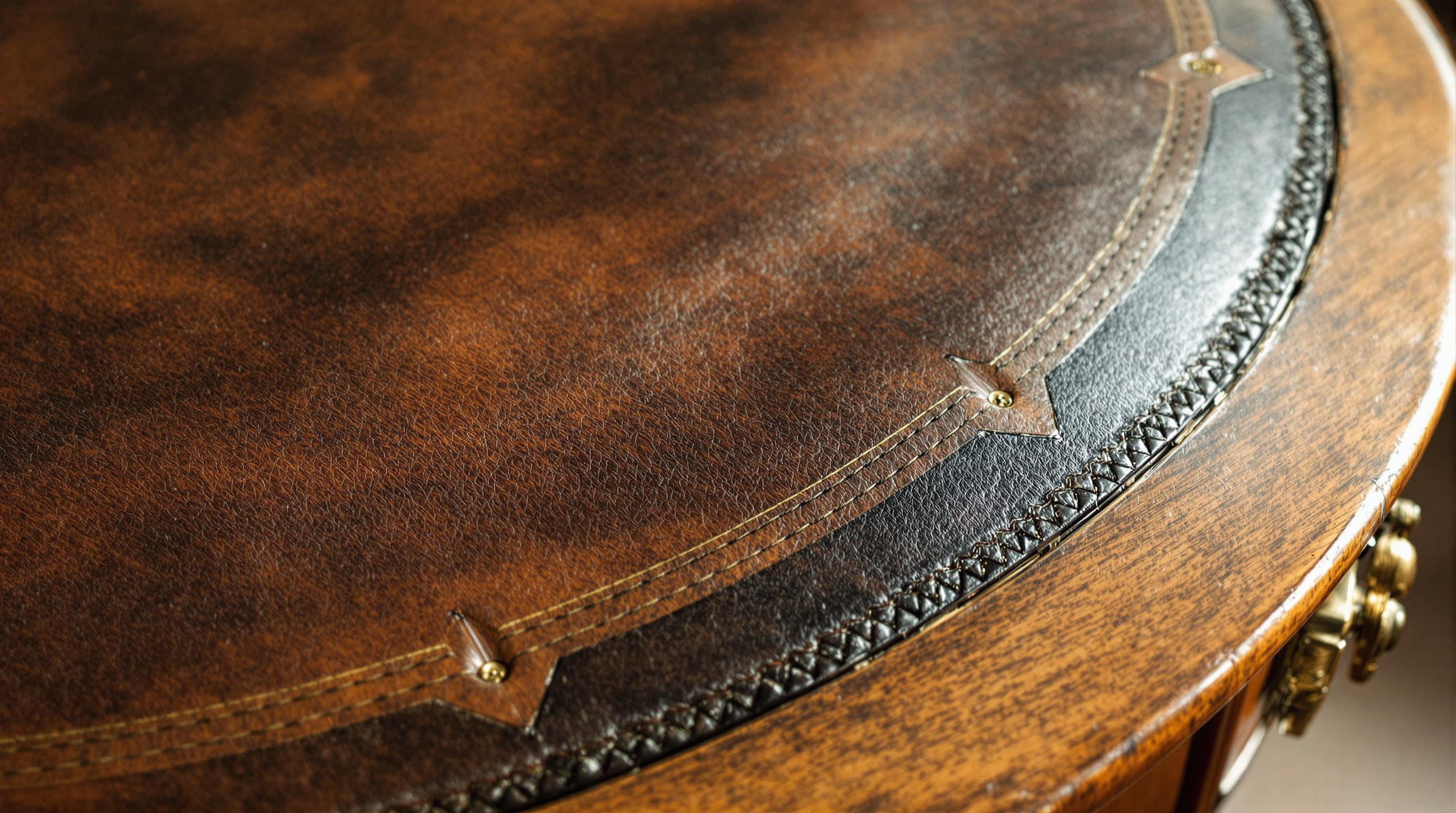 Antique mahogany drum table with leather top, decorative pedestal, and circumferential drawers