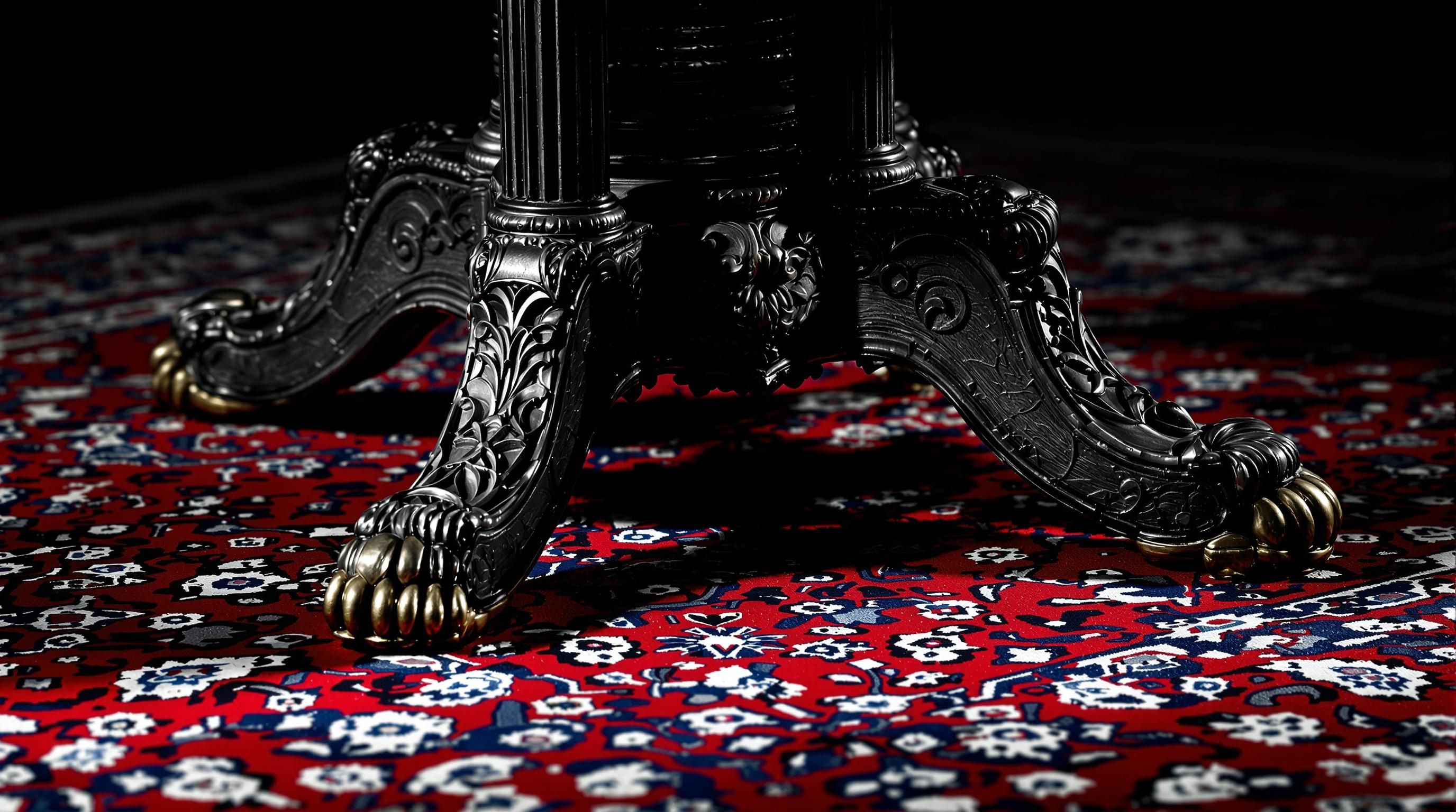 Antique drum table with detailed marquetry and ornate claw feet