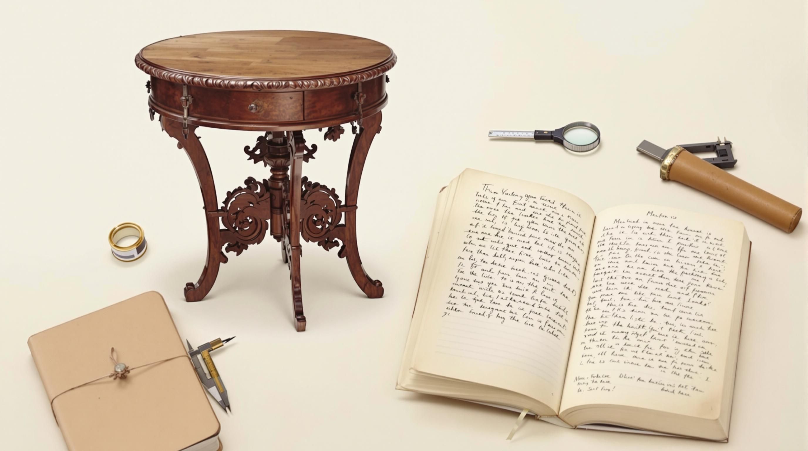Close-up of antique drum table showing leather top and drawer details