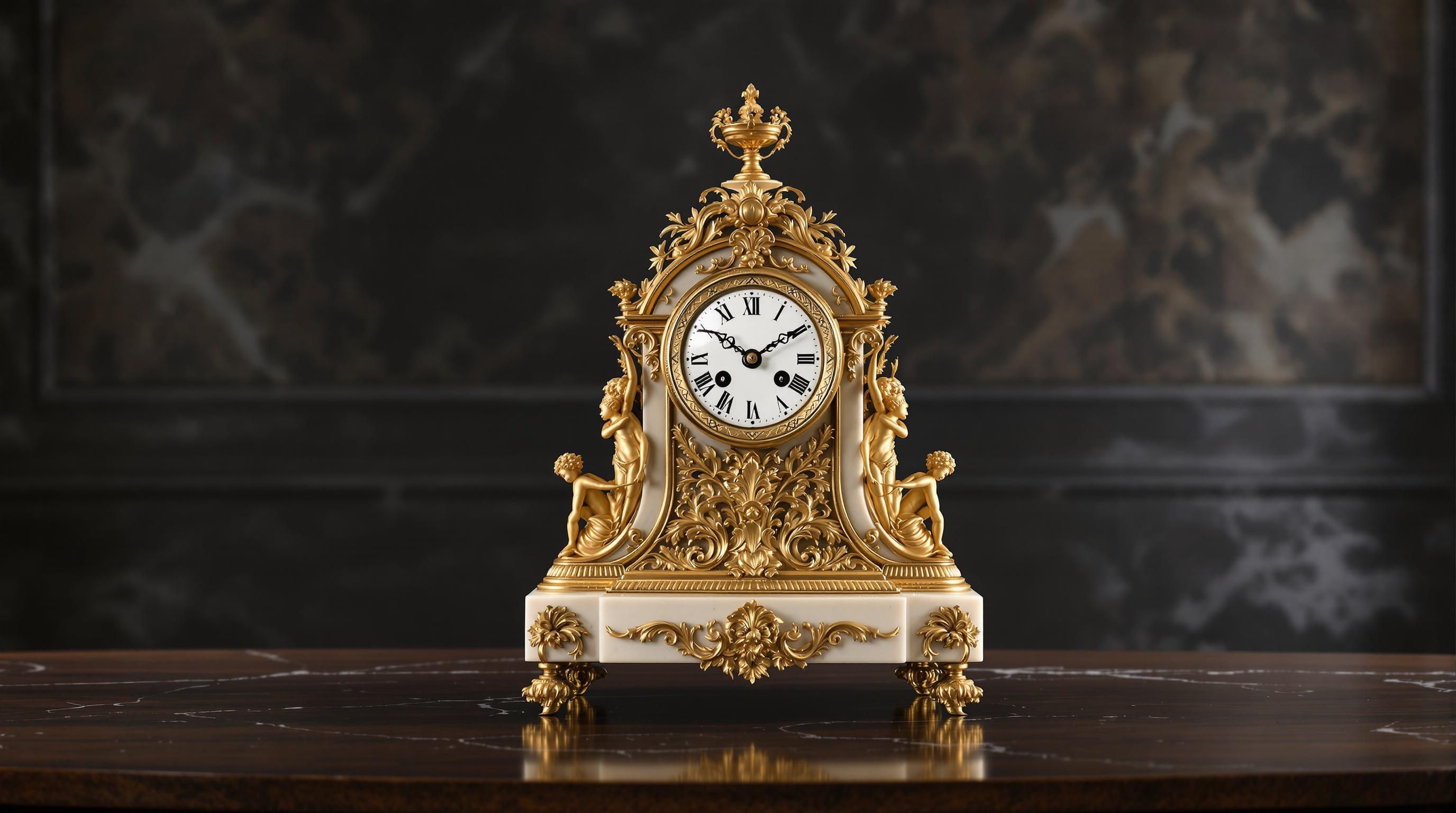 Ornate French marble antique mantel clock with gilded bronze decorations from the 19th century
