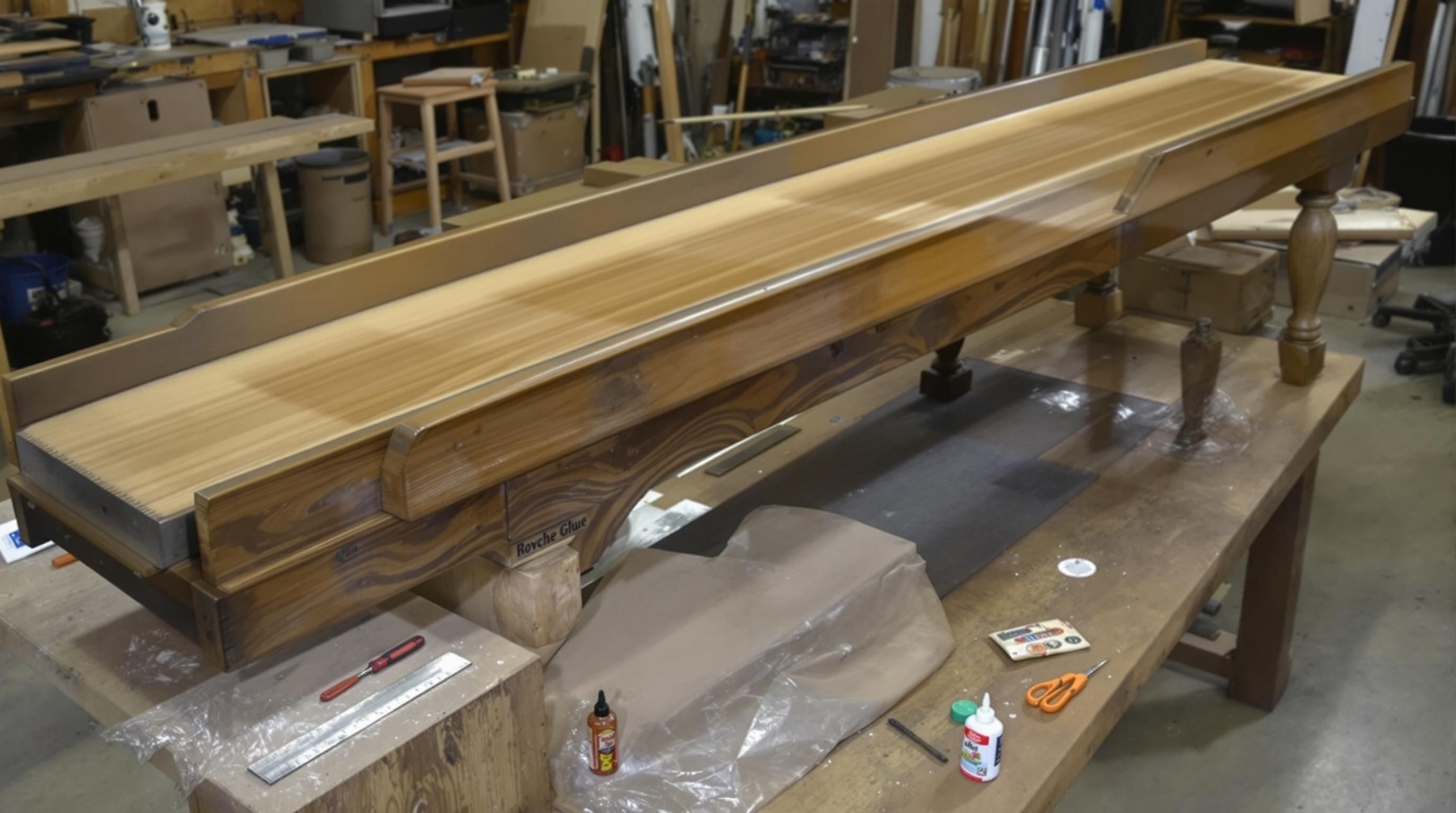 Vintage shuffleboard table with inlaid wood designs and custom markings on playing surface