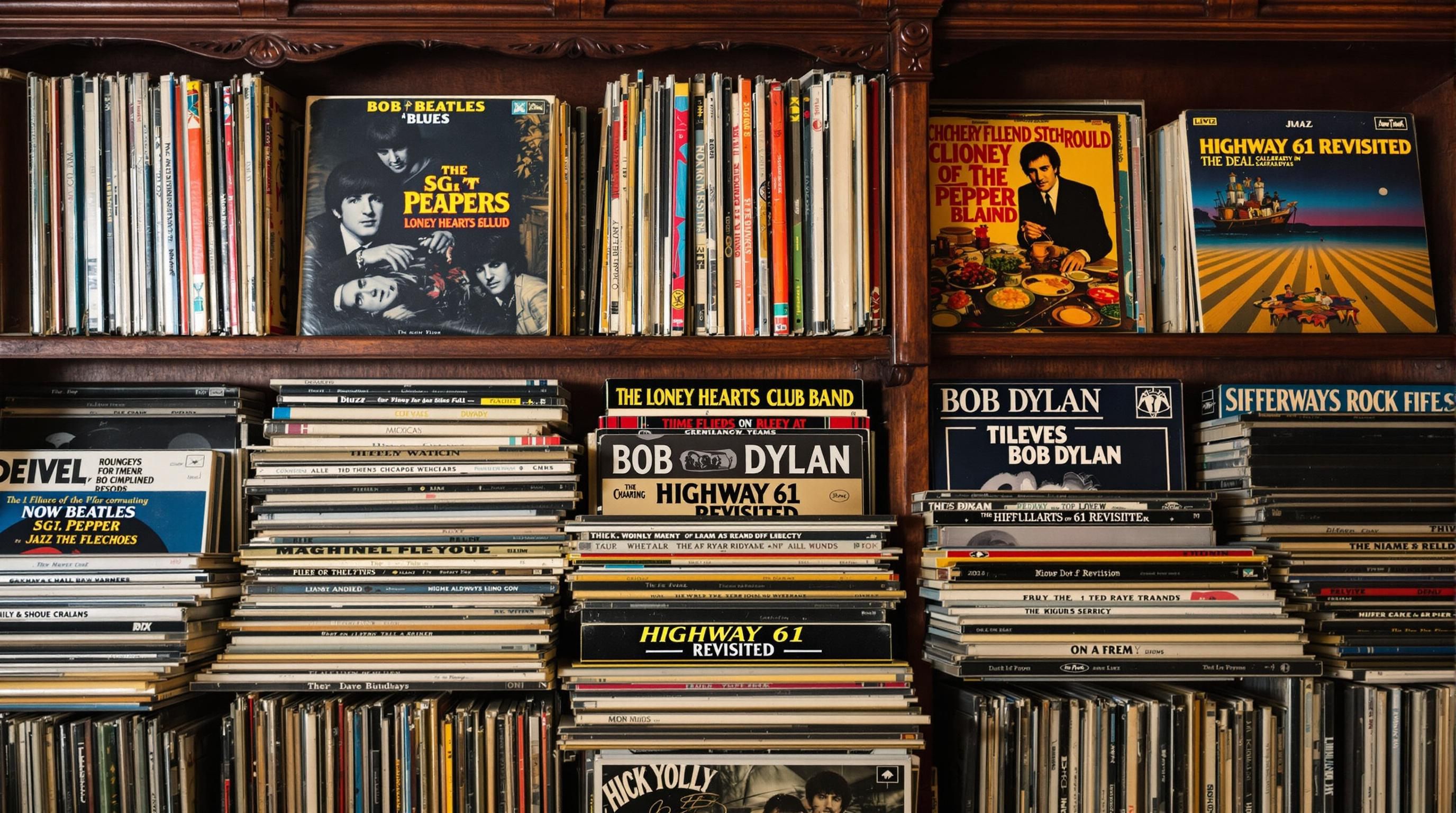 Collection of valuable vinyl records with price tags showing their value