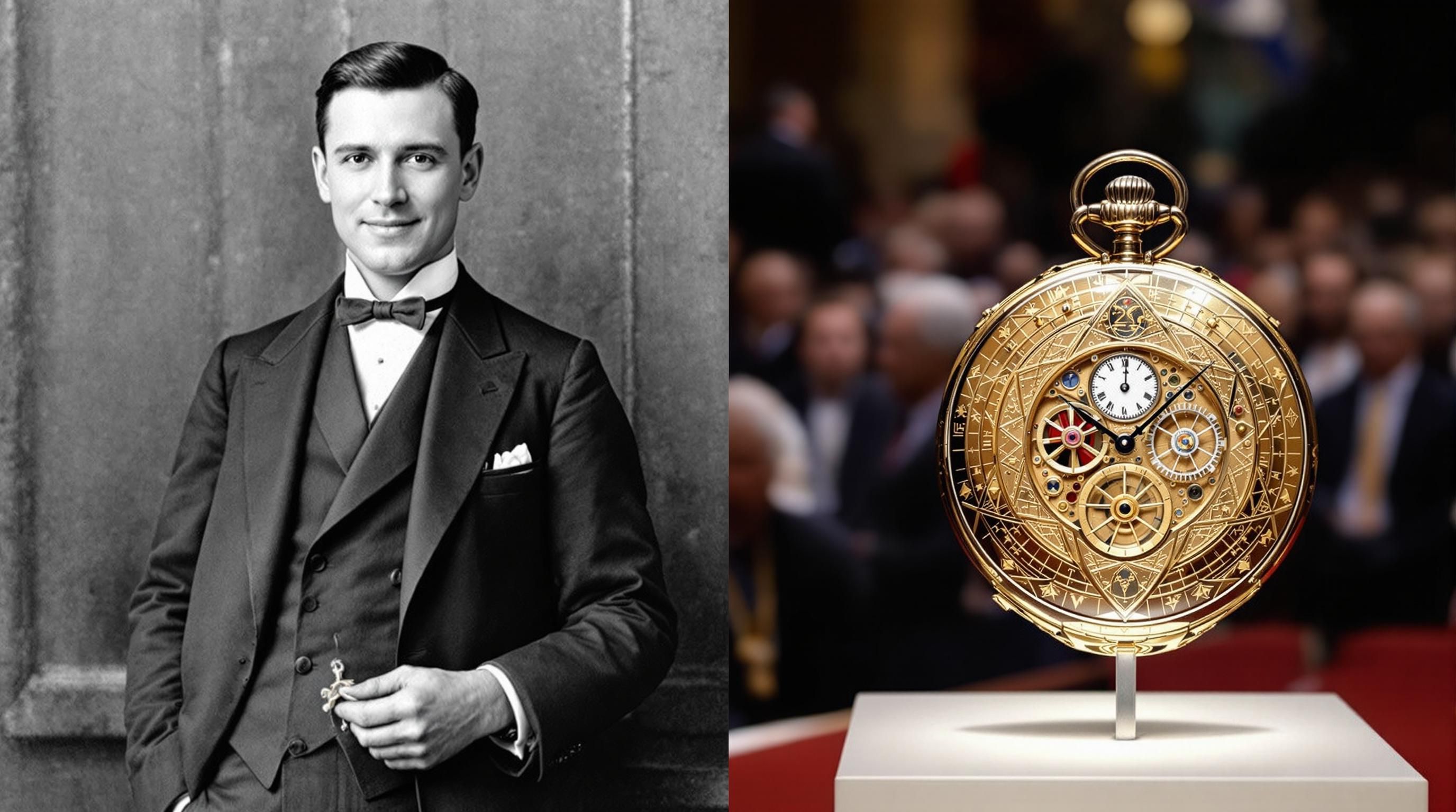 Auction house scene showing pocket watches on display for bidding