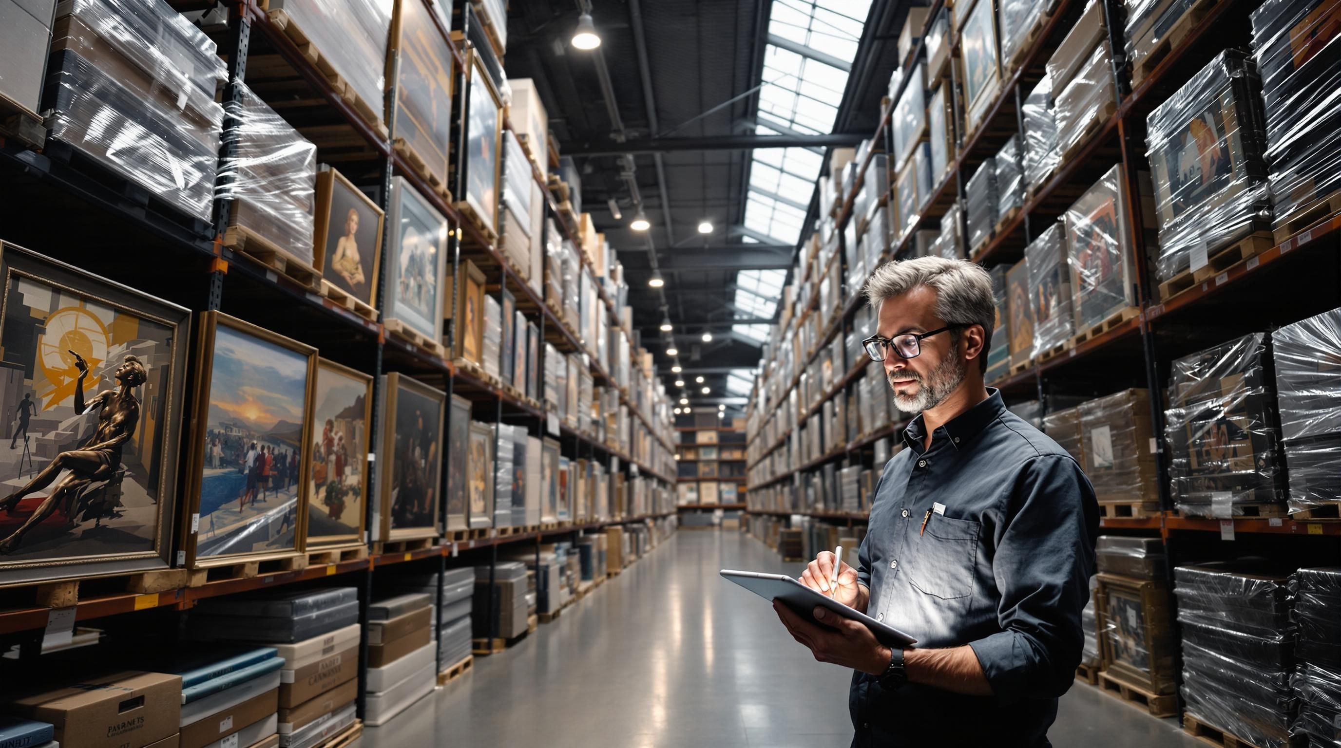 Art appraiser analyzing brush strokes on a canvas with specialized equipment
