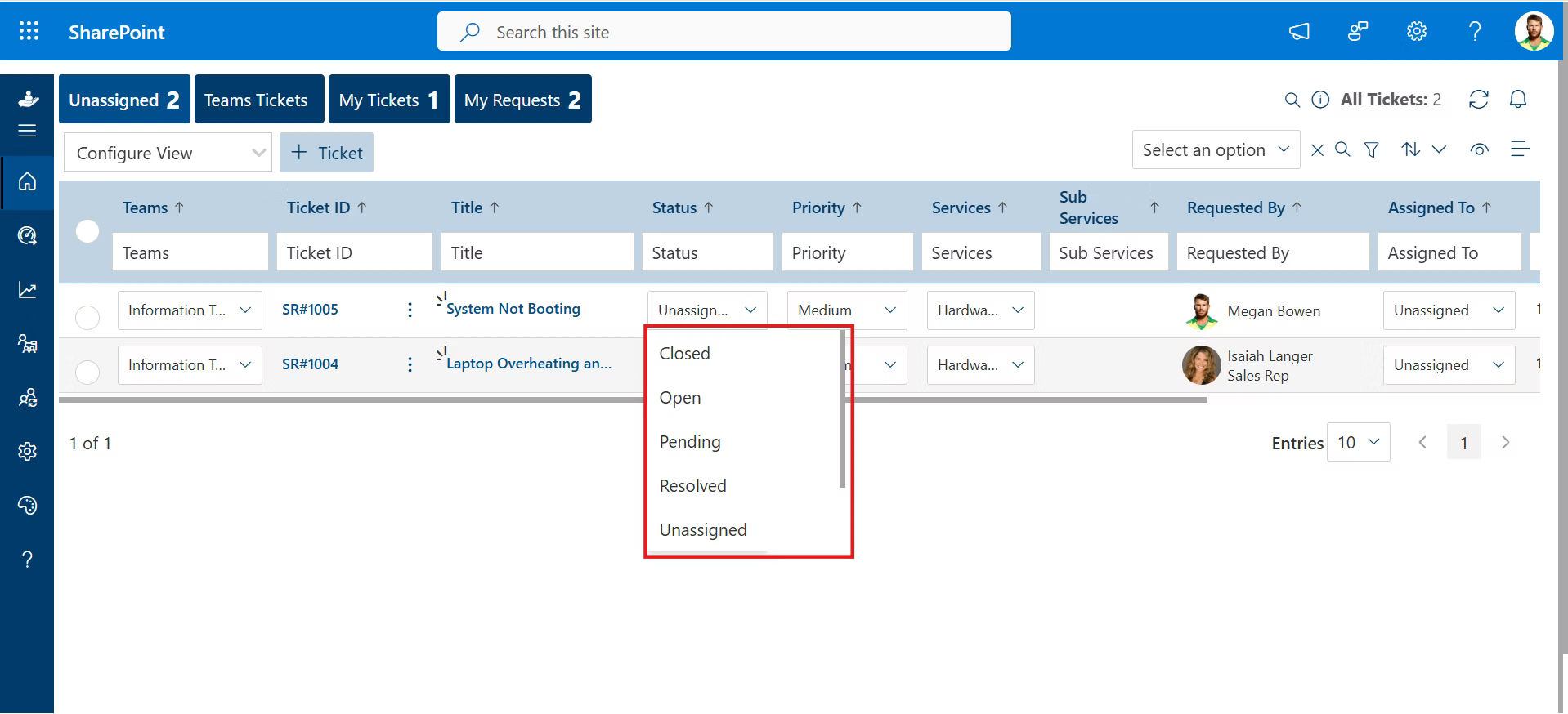 helpdesk ticket status