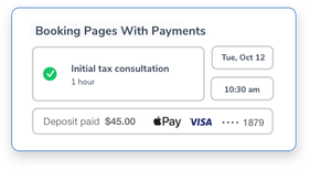 An online booking confirmation for a tax consultation confirming the date of the appointment and the collection of a deposit with integrated payments - Appointment Reminders, Apptoto