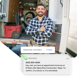A contractor smiling and looking at the camera in front of his van with an automated text message appointment reminder for an accounting service appointment that reads, Hey Alex, you have an appointment tomorrow at 3:00 PM with Seven Peaks Construction. Reply 1 to confirm, 2 to cancel, or 3 to reschedule.