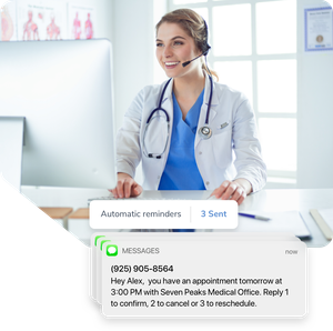 A doctor reviews her appointment schedule. A text appointment reminder lets her client know they have an appointment tomorrow