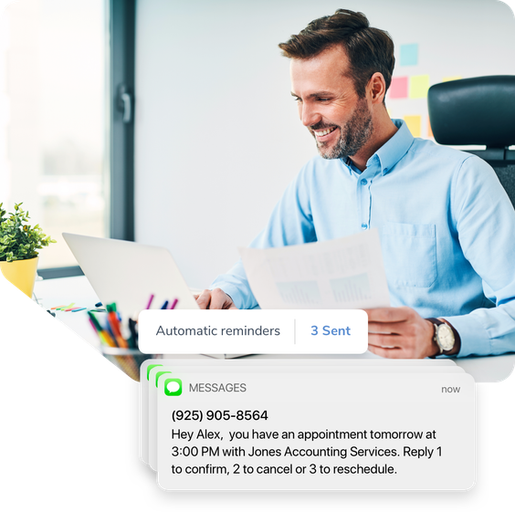 A bookkeeper happily looks at his appointment schedule with a reminder text asking his client to confirm their appointment.