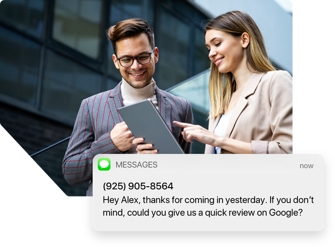 Two law professionals looking at an iPad together and smiling with an iphone message notification that says, Hey Alex, thanks for coming in yesterday. If you don't mind, can you leave us a quick review on Google?
