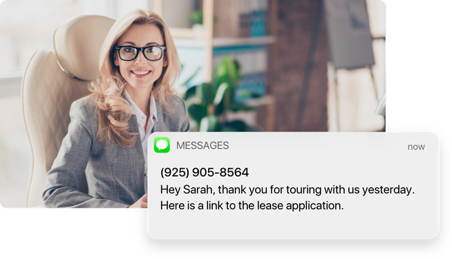 A female property manager tours a home with a couple with an automated text message that reads, Hey Sarah, thank you for touring with us yesterday. Here is a link to the lease application.