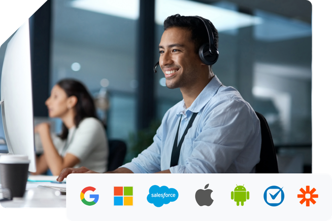 A salesman on a virutal sale call sitting at his computer with a headset on with logos of products that integrate with Apptoto: Google, Microsoft, Salesforce, Apple, Zapier.