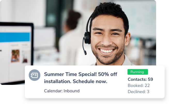 A salesperson sends an Apptoto campaign promotion announcing clients will receive 50% off installation if they book now.