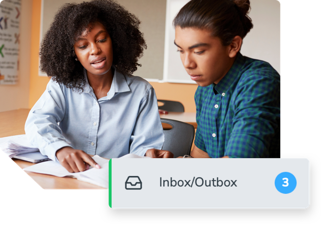 A female teacher sitting at her desk with a young male student with an inbox showing 3 client notifications.