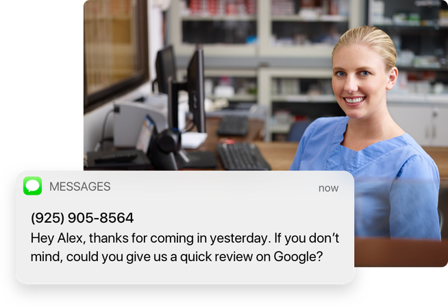 A medical staff member smiles with an iPhone message notification that asks her patient to review their practice on Google