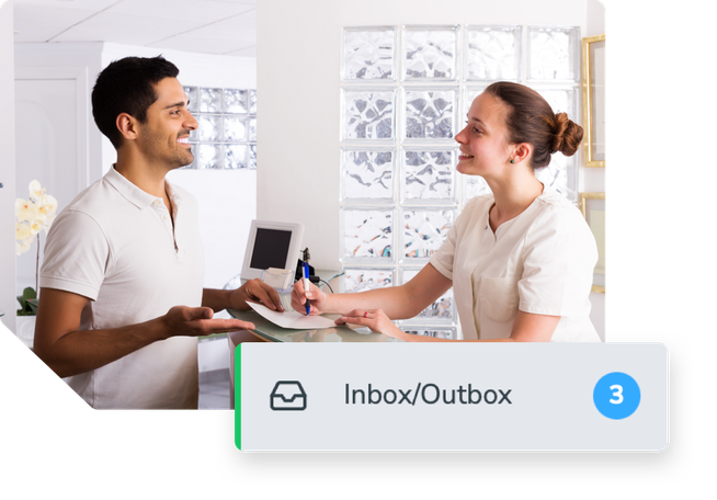 A chiropractic receptionist checks in a male patient with an inbox showing 3 patient notifications.