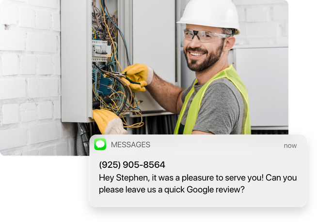 A picture of an electrician working with wires with a text message overlay asking his client to leave a Google review.