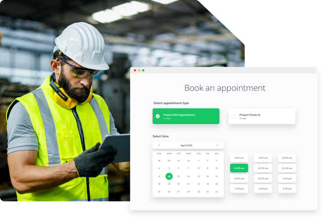 A man in safety gear looks at his appointment calendar. A booking page allows clients to book an appointment online with him.