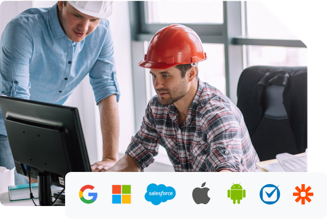 Two contractors look at their calendars. Products Apptoto integrates with are shown, including Google, Microsoft, and Salesforce