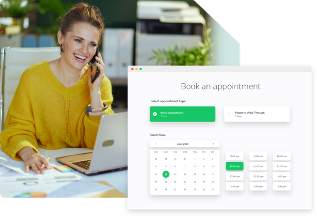 A real estate broker talks to her client on the phone. A booking page lets her clients book 2 types of appointments online.