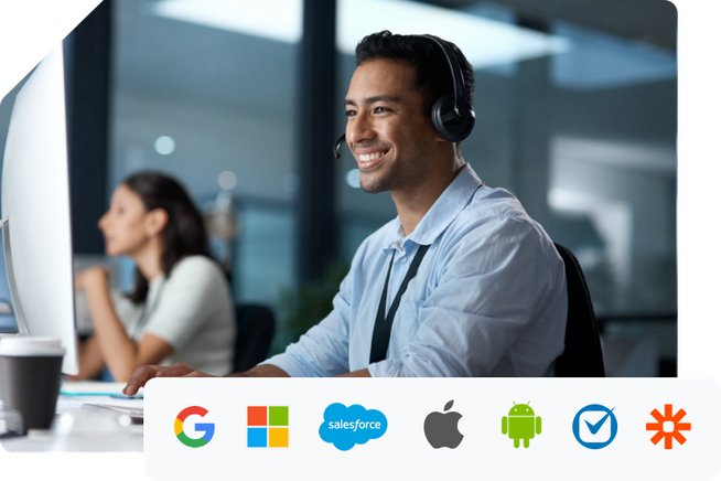 A sales professional sits at his computer. An overlay shows products that Apptoto integrates, such as Google & Salesforce.