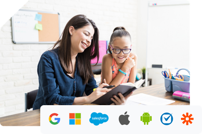 A smiling teacher talks with a student. Image has logos of products Apptoto integrates with, including Google and Salesforce.