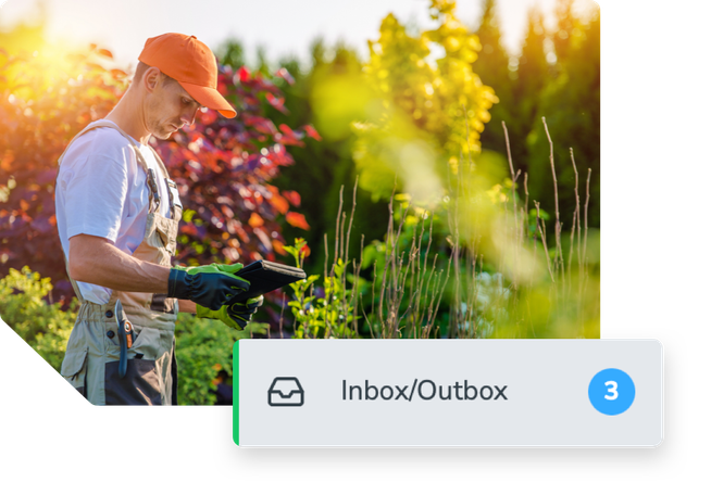 A landscaper in front of a garden looking at his appointments on an Ipad with an inbox showing 3 client notifications.