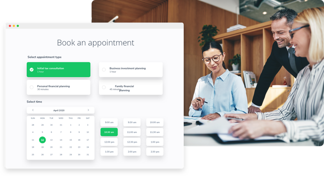 Tax professionals meeting and looking at an Apptoto booking page that clients can use to book 1 of 4 appointment types.