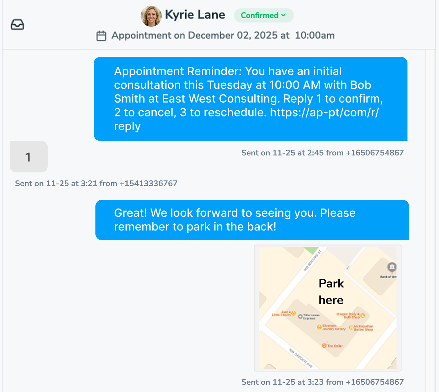 Two-way text messaging between business and client, reminding the client about their appointment and parking instructions.