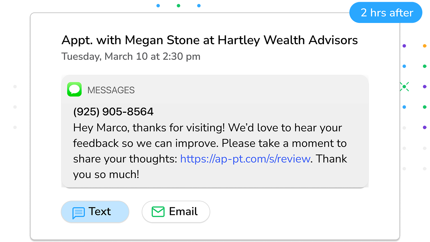 Automated review request settings showing text and email templates and timing controls for sending requests after appointments.