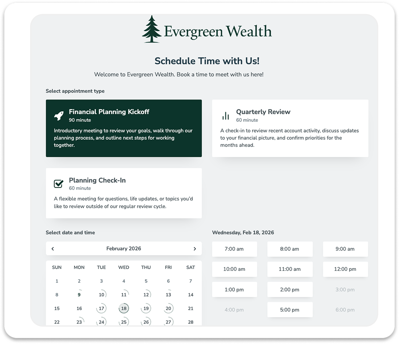 Apptoto online booking page for financial advisor displaying three meeting types and available appointments
