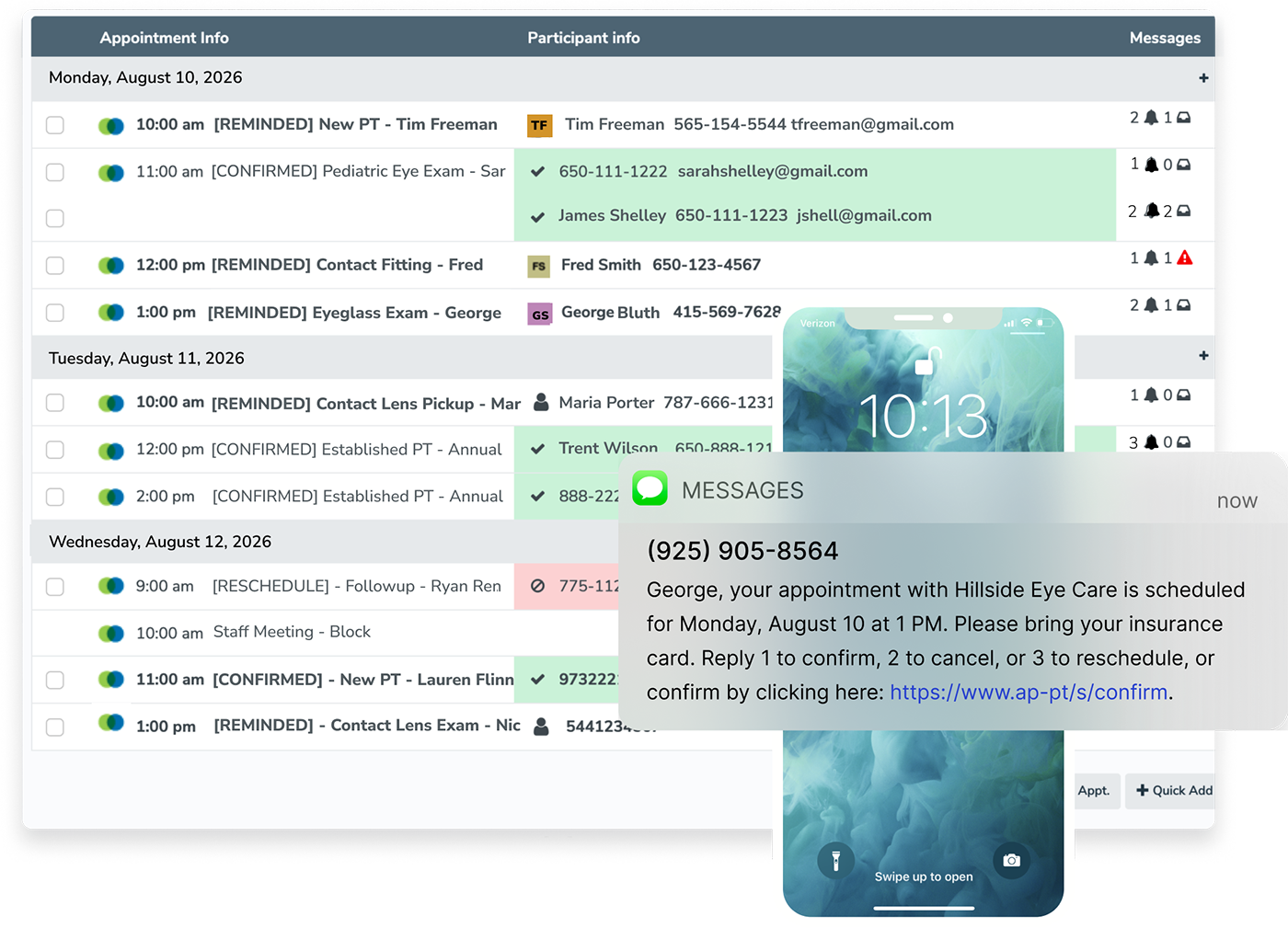Apptoto calendar dashboard showing synced Eyefinity appointments with color-coded confirmation statuses and provider views