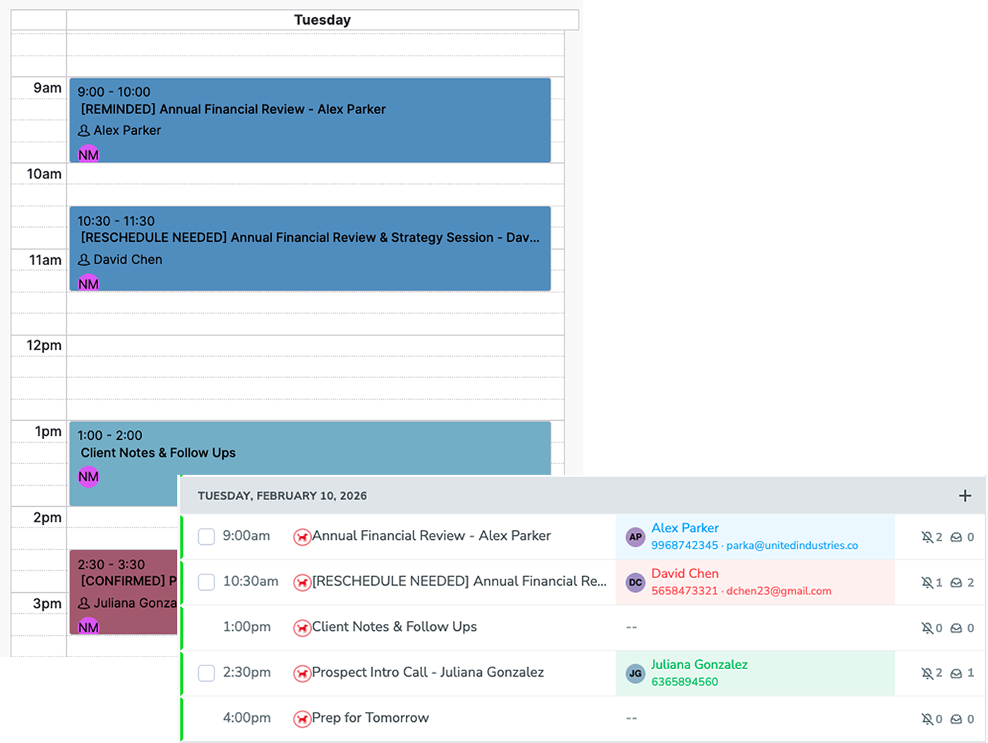 Two-way calendar sync displaying appointments on both the Apptoto and Redtail calendars with up-to-date event details